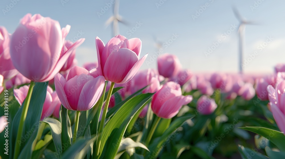 Fototapeta premium Pink tulips blooming in a vibrant field with wind turbines in the background, showcasing the beauty of nature and renewable energy in harmony with the environment