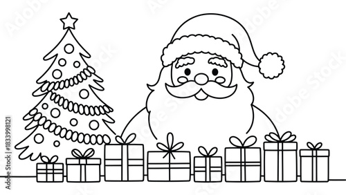 Christmas coloring page illustration featuring santa claus, decorated tree and gift boxes in simple line art style, perfect for holiday worksheets, children’s activities, festive cards and designs