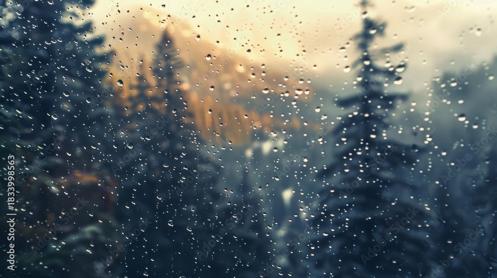 Obraz premium Vintage style double exposure of raindrops on window with winter forest mountains, soft tones and snowstorm film grain effect.
