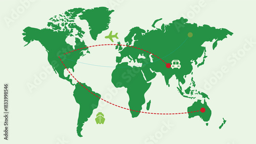 green colour traveling world map on white background