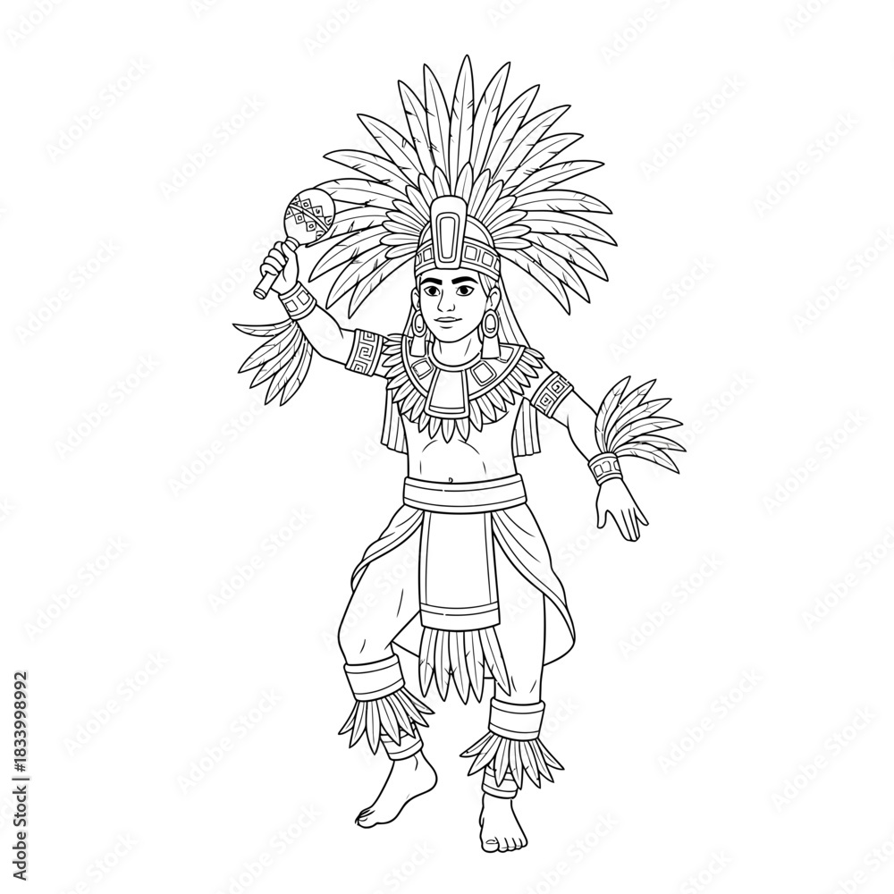 Fototapeta premium Aztec Warrior Dancer in Full Traditional Attire Performance Artwork Illustration