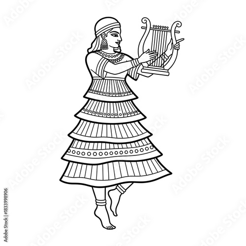 Ancient Woman Playing a Lyre in Traditional Clothing Line Art Illustration