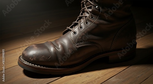 Brown Leather Work Boot on Wooden Floor