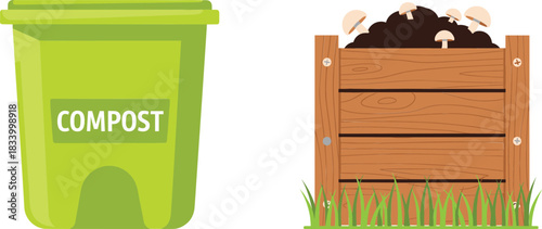 Compost bin and wooden compost box vector illustration for eco friendly waste recycling and organic gardening