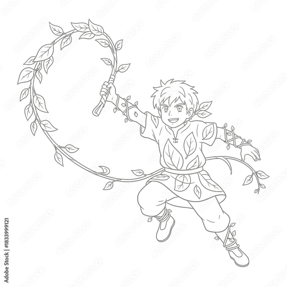 Obraz premium Energetic Boy Jumping High While Wielding a Natural Vine Staff Outline Drawing