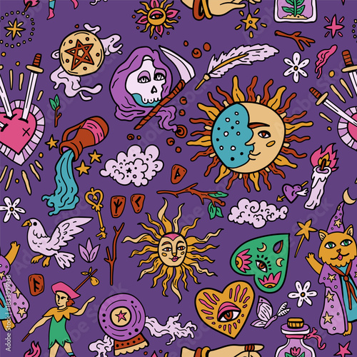 Tarot card seamless pattern. Bright background with tarot symbols. Fortune telling, magic. For Saints Day and Halloween. Sun, Moon. Sword, Heart, and Arrows. Magician