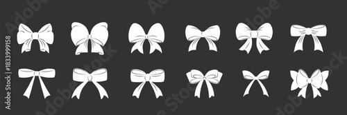 Hand drawn girly coquette bow ribbons set. Vector stock illustration isolated on black background for design template birthday, wedding, Christmas card, invitation, sale banner
