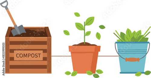 Compost box and plant growth vector illustration showing eco friendly gardening and organic soil recycling