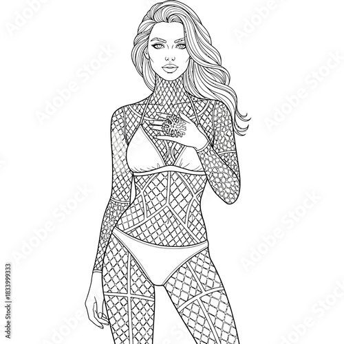 Elegant Woman in Skintight Lingerie with Long Wavy Hair Alluring Pose Illustration