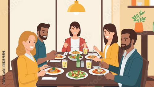 A charming flat design illustration portraying a diverse group of friends enjoying a leisurely and social lunch at a modern restaurant. 