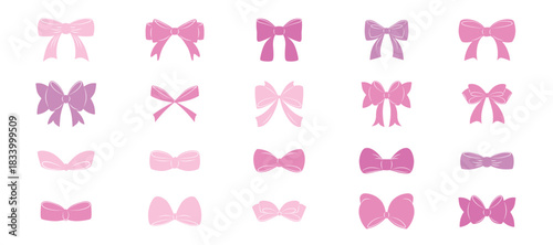 Hand drawn coquette pink girly bows set. Aesthetic elegant cute decor. Element for Valentine day and wedding invitations, Christmas cards, poster, Feminine accessories, y2k bowknot isolated background