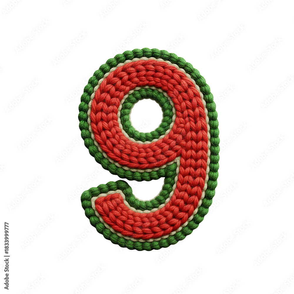 Fototapeta premium Knitted number nine with red and green yarn, handmade textile art with cozy and warm feeling, isolated on transparency background
