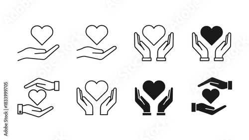 A collection of eight different outline and solid icons depicting hands cradling or offering a heart symbol in various styles.