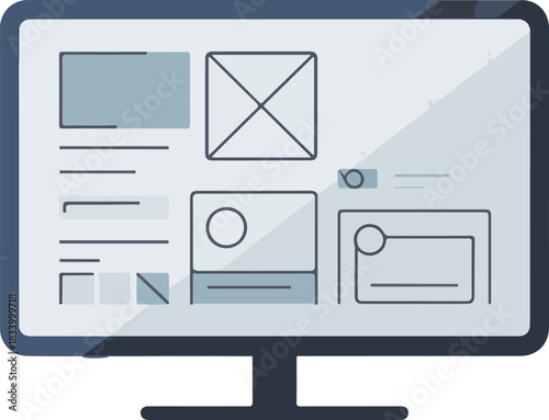 Computer monitor displaying a vector website wireframe layout for user interface development