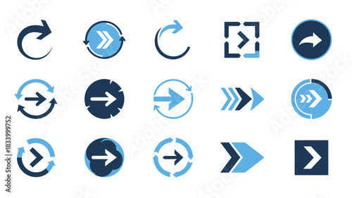 A set of modern, flat design icons featuring right-pointing and circular refresh arrows in shades of blue and dark navy.
