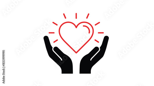 Two stylized black hands gently hold up a glowing red outline heart symbolizing care, compassion, or charity.