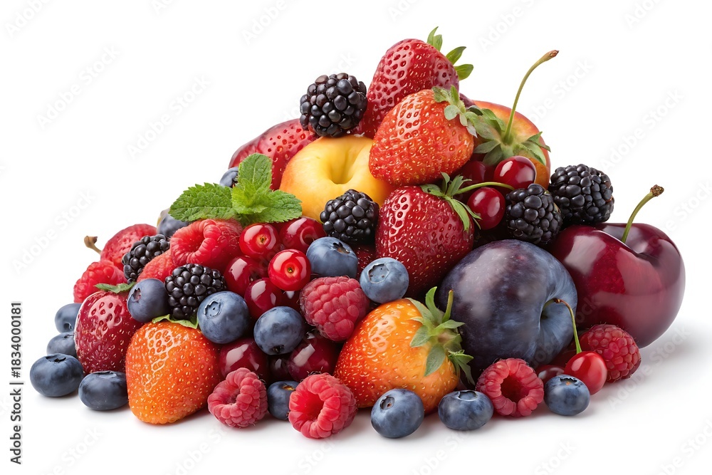 Obraz premium A colorful heap of fresh fruits and plump berries on a bright white background, highlighting rich textures perfect for wellness and nutrition themes.