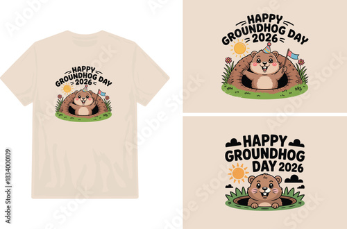 Groundhog day 2026 t shirt design with cute animal illustration