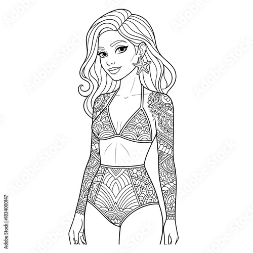 Girl with Long Hair Wearing Intricate Tattoo Swimsuit and Star Earring