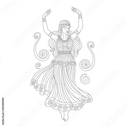 Goddess Woman Dancing Gracefully in Ancient Greek Style Clothing Line Art