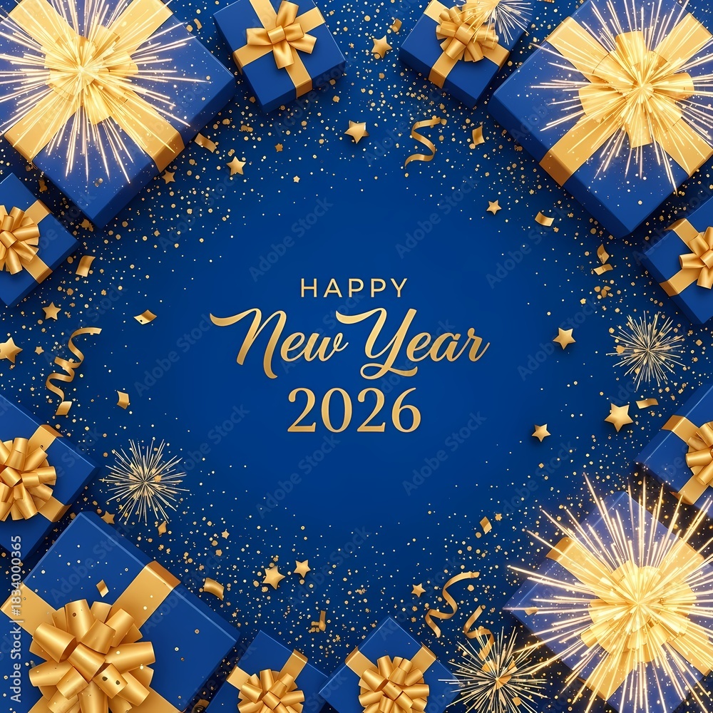 Fototapeta premium Happy New Year, 2026, fireworks, celebration, blue and gold, gifts, festive, winter, confetti, party