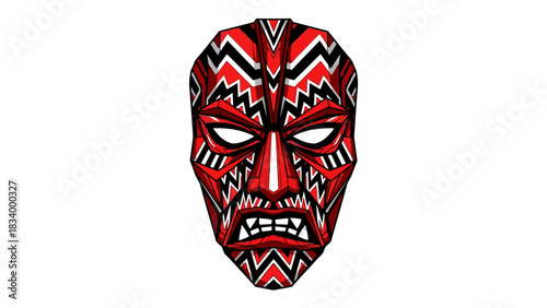 Tribal mask with red black and white geometric patterns