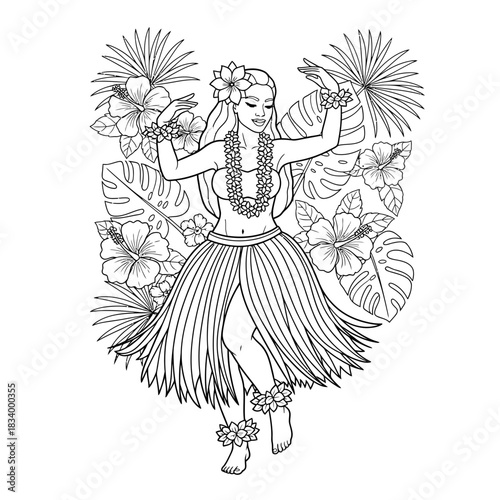 Hula Dancer in Traditional Grass Skirt with Floral Lei and Hibiscus Flower