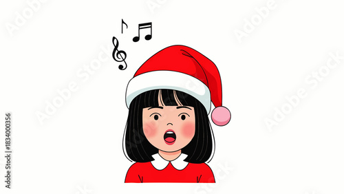 Joyful Child Singing Festive Holiday Carol in Santa Hat