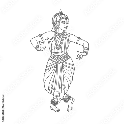 Indian Classical Dance Bharatanatyam Pose Line Art Illustration