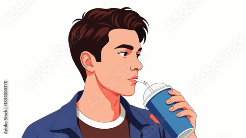 Young Man Enjoying A Refreshing Beverage on a White Background Vector Illustration