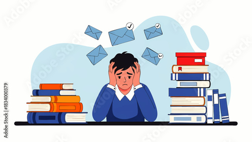 Overwhelmed Student or Professional Drowning in Work and Emails