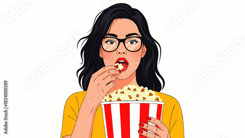 Young Woman Enjoying Popcorn Snack Entertainment Concept