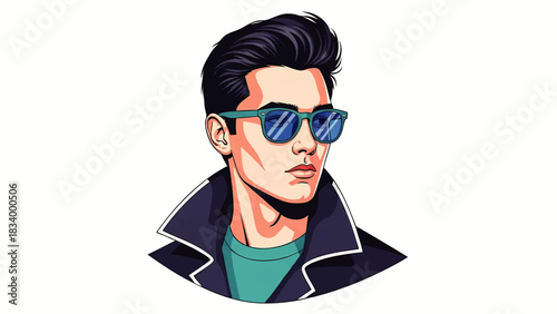 Stylish young man with black hair, sunglasses, and a leather jacket, embodying a cool and confident persona, perfect for modern graphic design needs.