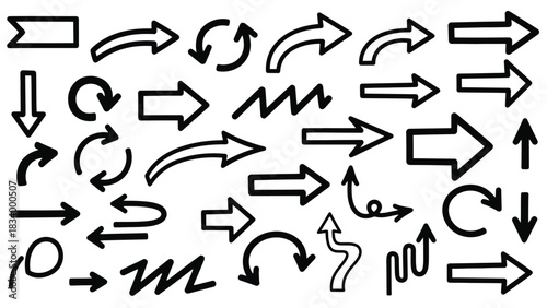 A large assortment of hand-drawn arrow symbols displays various styles including curved, straight, zigzag, and circular motion on a white background.