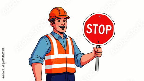Construction Worker Holding Stop Sign for Safety and Traffic Control Ready for Work