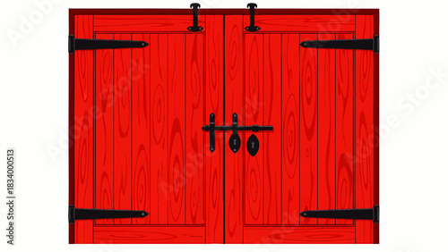 Bright red double doors with black metal hardware, offering a rustic and charming entrance ideal for home decor and architectural design.