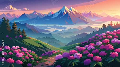Very beautiful panoramic view of blooming pink rhododendrons glowing under soft morning light, spreading across rolling mountain slopes with distant peaks fading into mist, creating a serene and vibra
