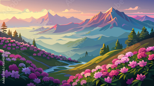 Very beautiful panoramic view of blooming pink rhododendrons glowing under soft morning light, spreading across rolling mountain slopes with distant peaks fading into mist, creating a serene and vibra