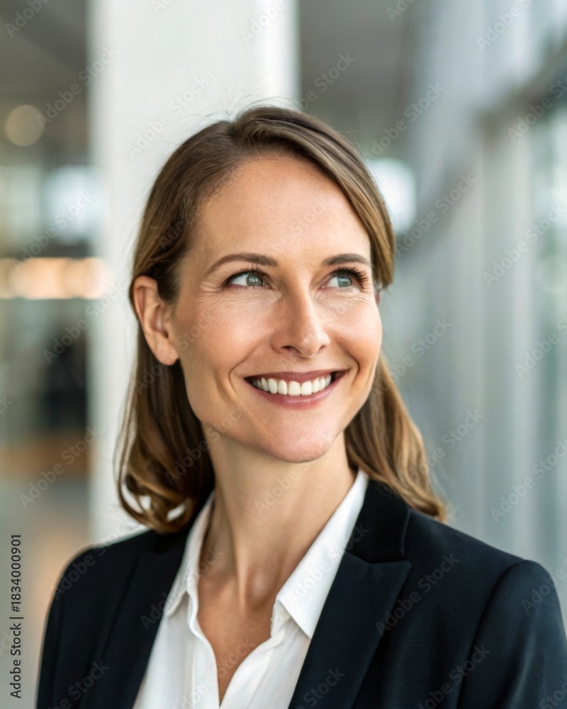 Obraz premium Confident businesswoman smiling in modern office professional portrait soft natural light inspirational environment
