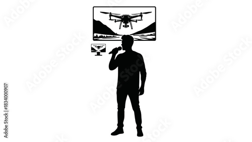 Man with microphone controls drone footage on screens