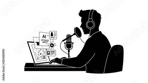 Man with headphones recording podcast with ai data on laptop