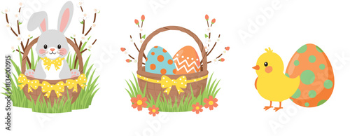 Cute Easter illustrations vector set featuring bunny egg basket and chick with decorated eggs