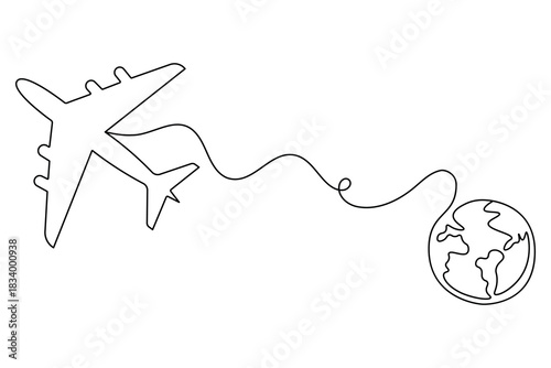 One continuous line drawing airplane flying around globe travel