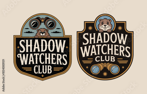Vintage style badges featuring beavers and the text shadow watchers club