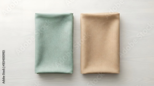 Clean top view of two folded linen fabrics on a wooden surface — product-like minimalism.