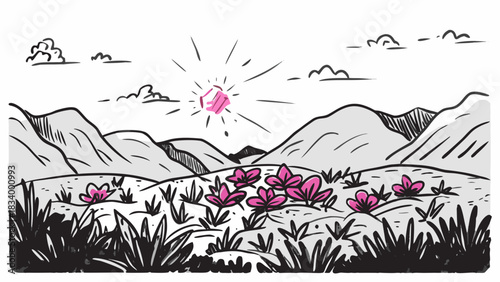 Very beautiful panoramic view of blooming pink rhododendrons glowing under soft morning light, spreading across rolling mountain slopes with distant peaks fading into mist, creating a serene and 