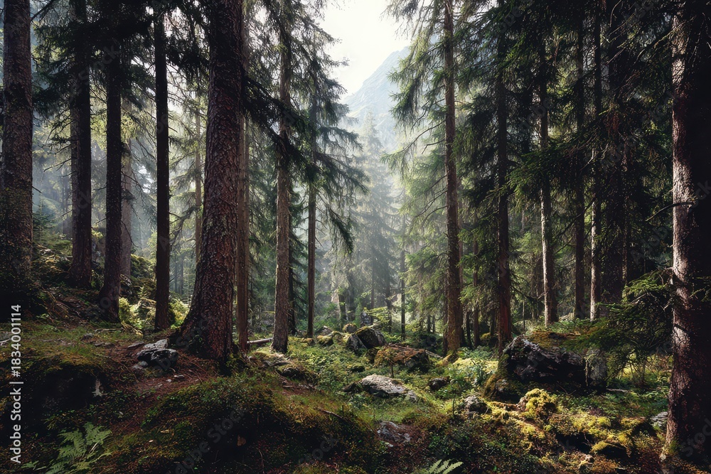 Naklejka premium Pine forest panorama over a tranquil valley, gentle morning light and alpine peaks