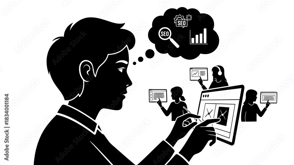 Fototapeta premium Man thinking about seo strategy and digital marketing team collaboration