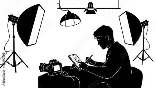 Photographer working on tablet with studio lighting and camera
