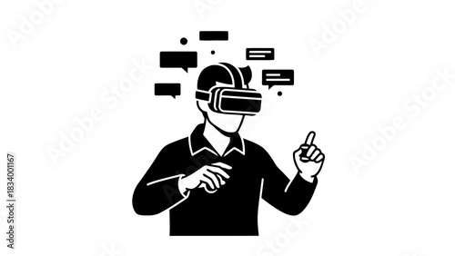 Person interacting with virtual reality and communication bubbles